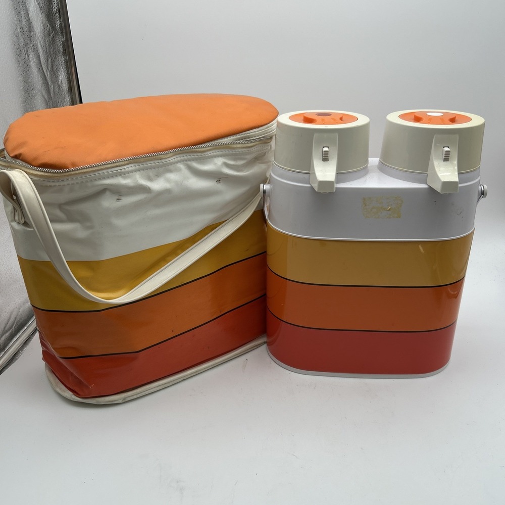 VTG 70s Peacock Hot Cold Twin Air Pot Vacuum Thermos Double Pump Rainbow Orange